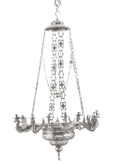 View full screen - View 1 of Lot 431. A large 8-light silver chandelier, unmarked, probably South America circa 1830 | Grande lustre à 8 lumières en argent, non poinçonné, probablement Amérique du sud vers 1830.