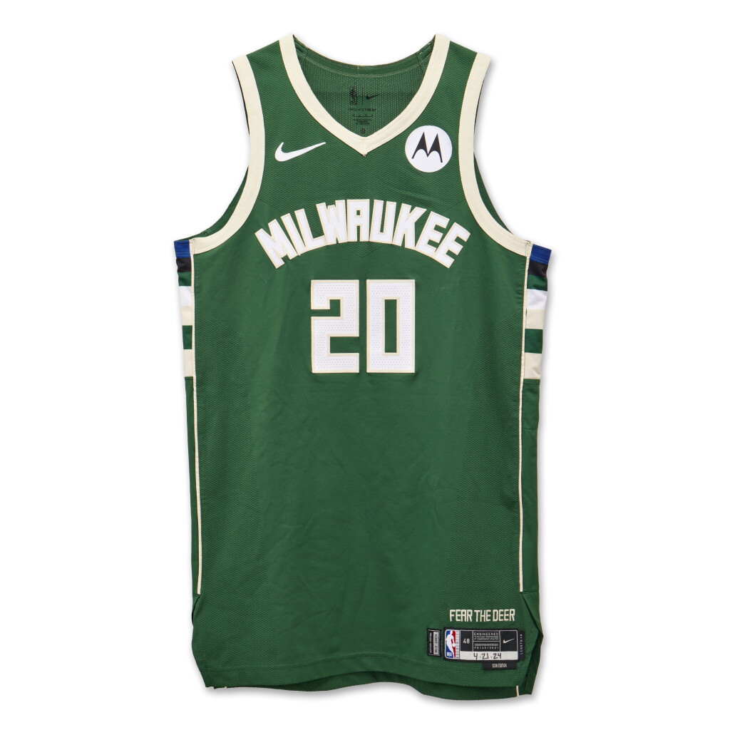 View full screen - View 1 of Lot 178. A.J. Green 'Playoff Debut' Milwaukee Bucks 2024 NBA Playoffs Eastern Conference Round 1 Game Worn Icon Edition Jersey | Game 1.