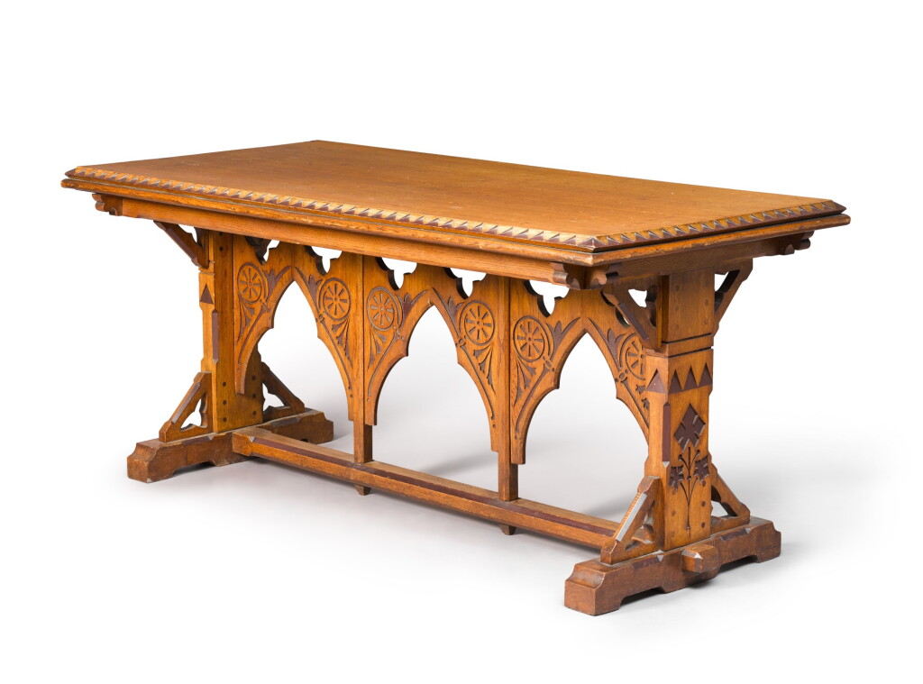 View full screen - View 1 of Lot 129. A Victorian carved oak and red painted centre table, circa 1870, in the manner of Charles Bevan.