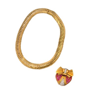 View full screen - View 1 of Lot 388. Gold, Ruby and Diamond Clip, Tiffany & Co. and Gold Necklace.