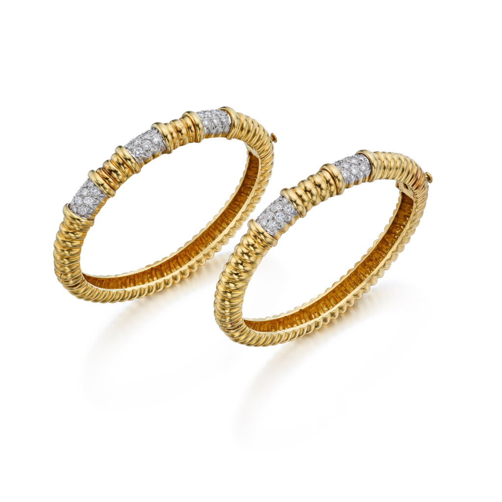 View full screen - View 1 of Lot 200. Two Gold and Diamond Bangle-Bracelets.