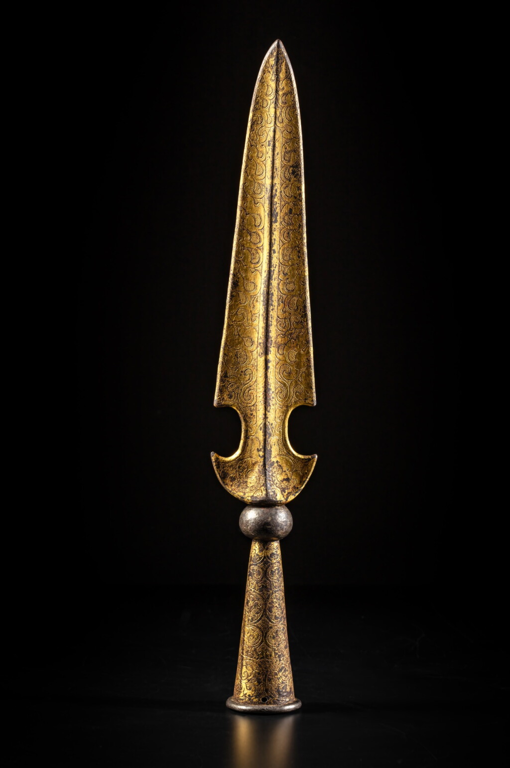 View full screen - View 1 of Lot 51. A gilt-iron ritual spearhead, Tibet, circa 17th century | 約十七世紀 藏傳鐵鎏金矛.