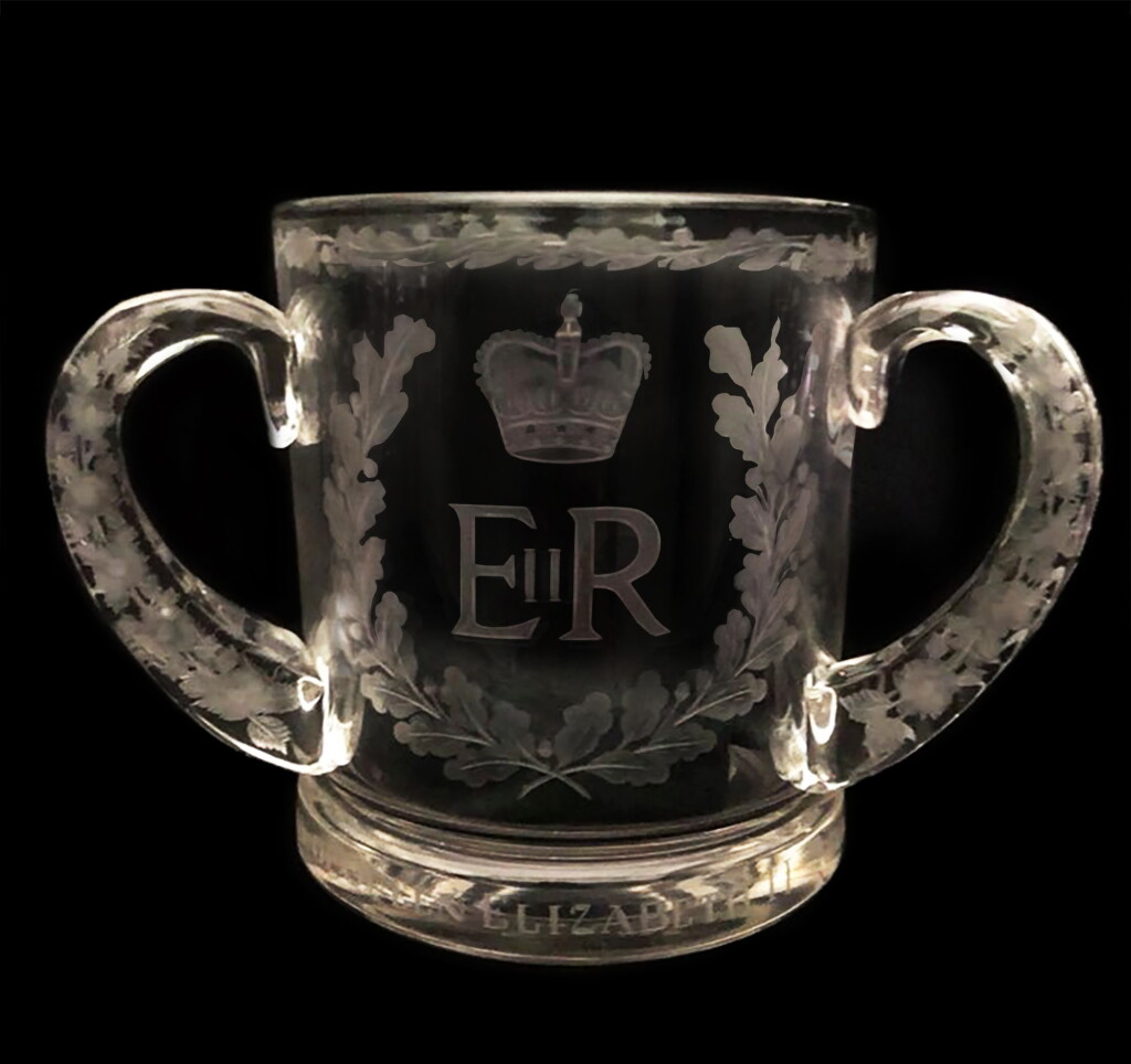 View full screen - View 1 of Lot 24. An engraved glass tyg celebrating the Coronation of Queen Elizabeth II, 1953.
