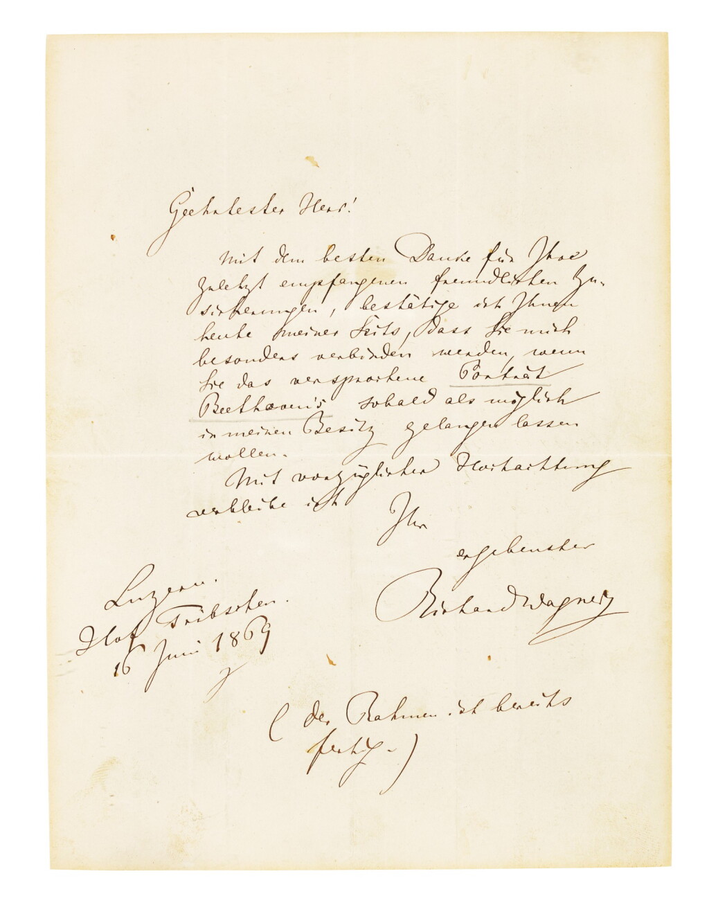 View full screen - View 1 of Lot 94. R. Wagner. Autograph letter about his copy of Waldmüller's portrait of Beethoven, 1869.