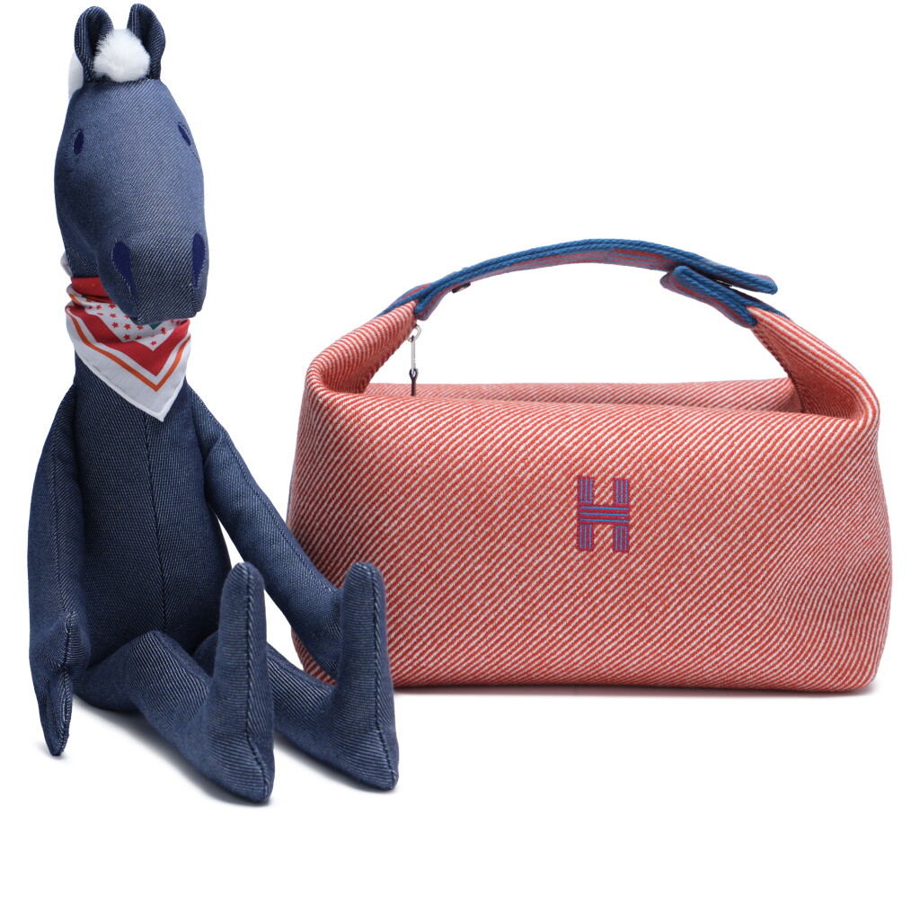 View full screen - View 1 of Lot 155. Set of Two: Rouge Duchesse, Ecru and Cobalt Wool Large Bride-à-Brac Palladium Hardware and Denim Pote Yok Western and Company Soft Toy with Mini Bandana.