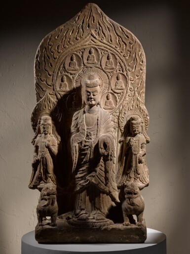 View full screen - View 1 of Lot 211. A rare and important sandstone Buddhist stele, Eastern Wei dynasty | 東魏 砂岩石雕佛三尊像.