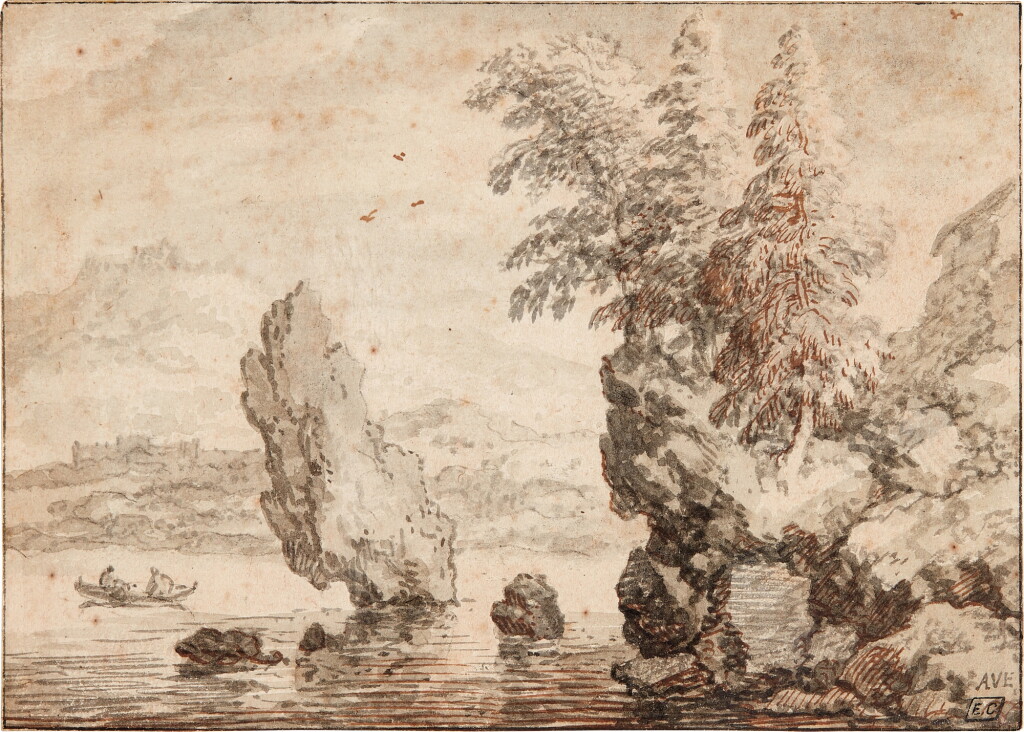 View full screen - View 1 of Lot 158. Rocky Coast with Figures in a Rowing Boat.