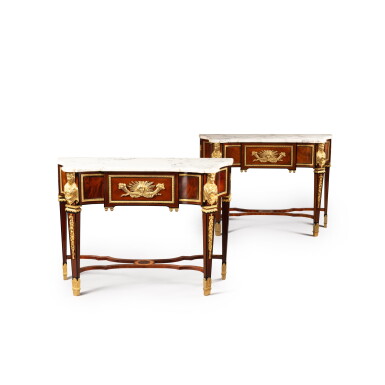 View full screen - View 1 of Lot 57. A partly Louis XVI gilt-bronze mounted mahogany, eboy and amaranth veneered console desserte, circa 1775-1780, stamped by Martin Carlin, and a later one en suite | Console desserte en placage d'acajou, ébène, amarante et bronze doré en partie d'époque Louis XVI, vers 1775-1780, estampille de Martin Carlin, et une console en suite d'époque postérieure.