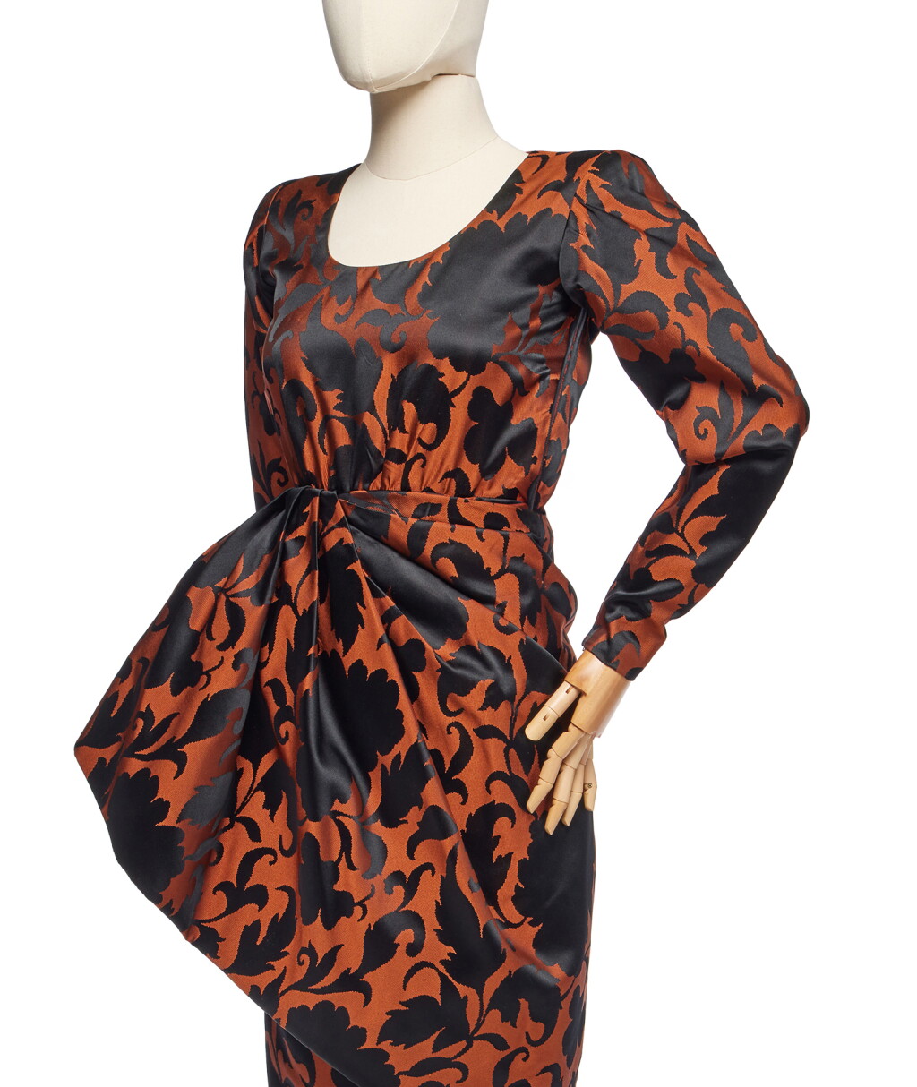 View full screen - View 1 of Lot 61. Haute Couture Copper and Black Floral Satin Dinner Dress, 1980.