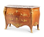 A Louis XV style gilt-bronze mounted tulipwood and rosewood veneered commode, late 19th century, attributed to Joseph-Emmanuel Zweiner | Commode en placage bois de rose et palissandre de Rio, monture de bronze doré de style Louis XV, fin XIXe siècle, attribuée à Joseph-Emmanuel Zweiner