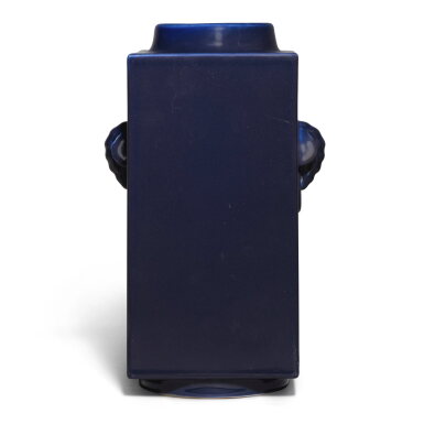 View full screen - View 1 of Lot 366. A blue-glazed cong-form vase, Mark and period of Guangxu | 清光緒 藍釉象耳銜環琮式瓶 《大清光緒年製》款.