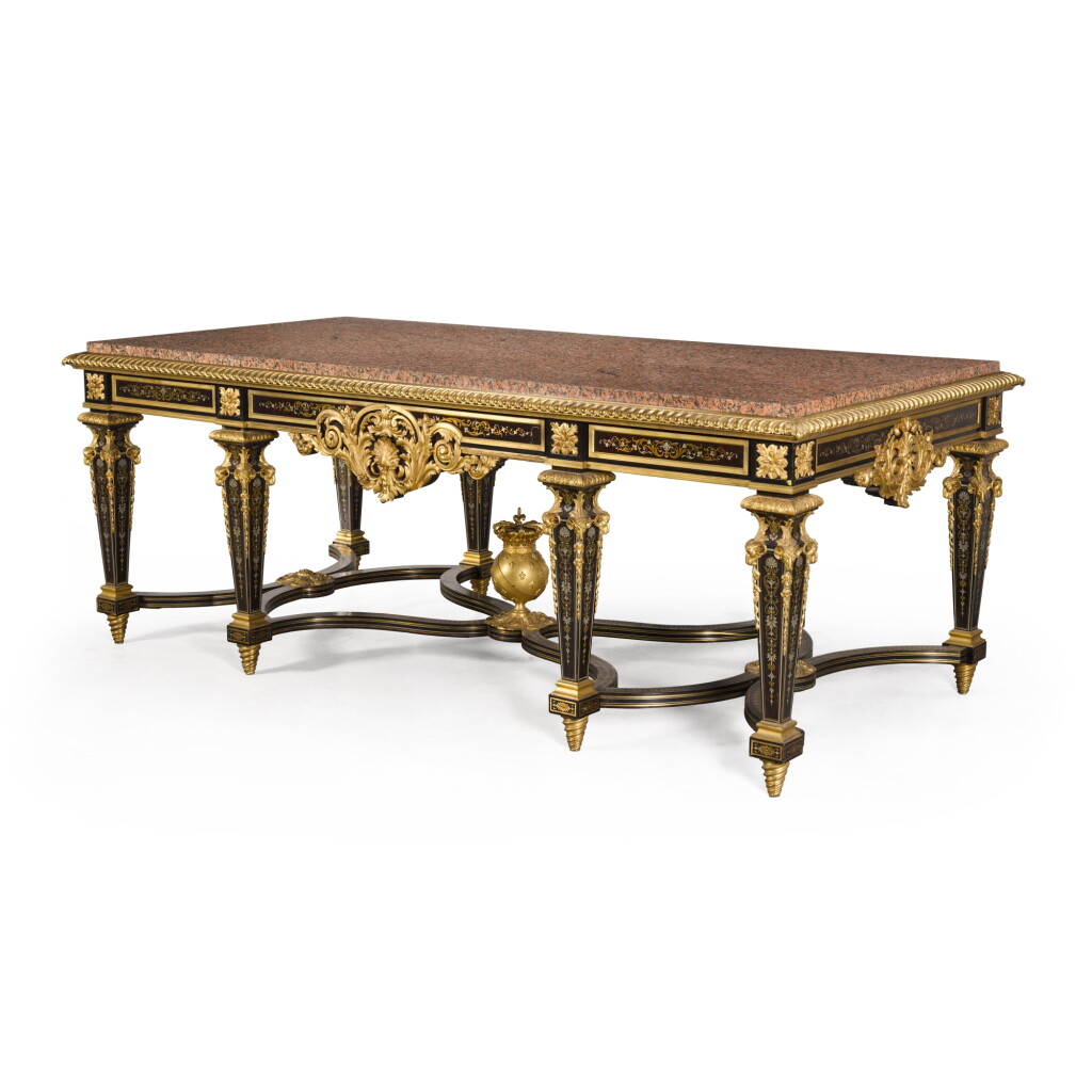 View full screen - View 1 of Lot 21. A French gilt-bronze mounted tortoiseshell and ebony 'Boulle' marquetry table by Henry Dasson, 1878
.