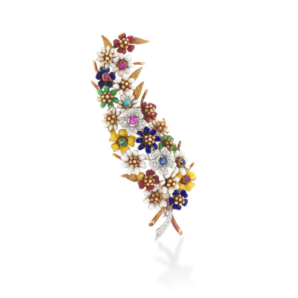 View full screen - View 1 of Lot 161. Sapphire, ruby, diamond and enamel brooch | Spilla con zaffiri, rubini, diamanti e smalti policromi, Lunati.