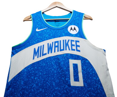 View full screen - View 1 of Lot 19. Damian Lillard Milwaukee Bucks 2023-2024 Game Worn City Edition Jersey | Double-Double .