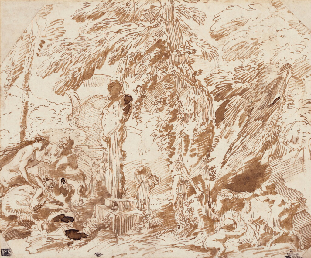 View full screen - View 1 of Lot 117. A nymph and two satyrs offering a libation before a statue of Pan, two children and a goat in the right foreground.