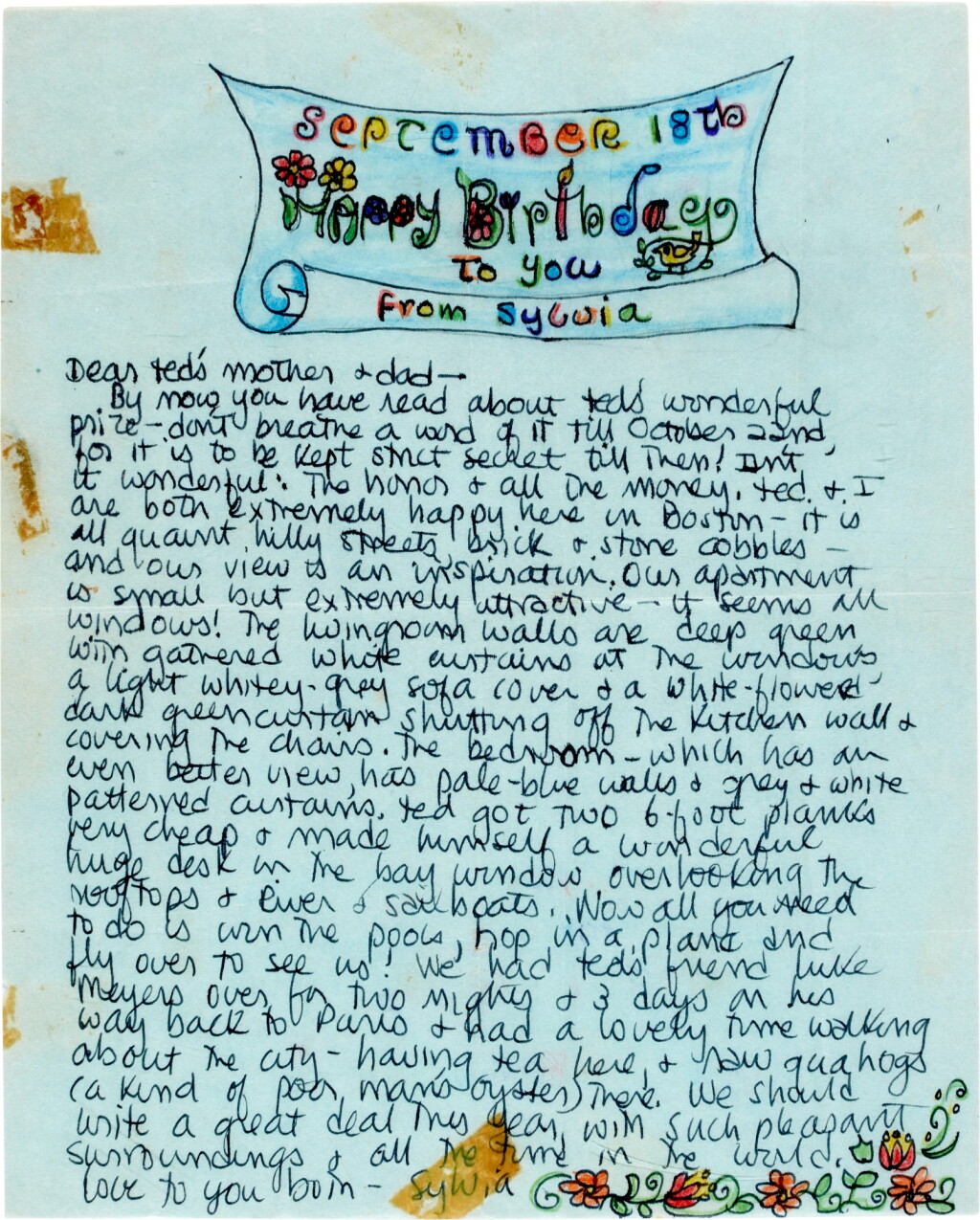 View full screen - View 1 of Lot 32. Sylvia Plath | Autograph letter signed, to Edith & William Hughes, on their life in Boston, September 1958.