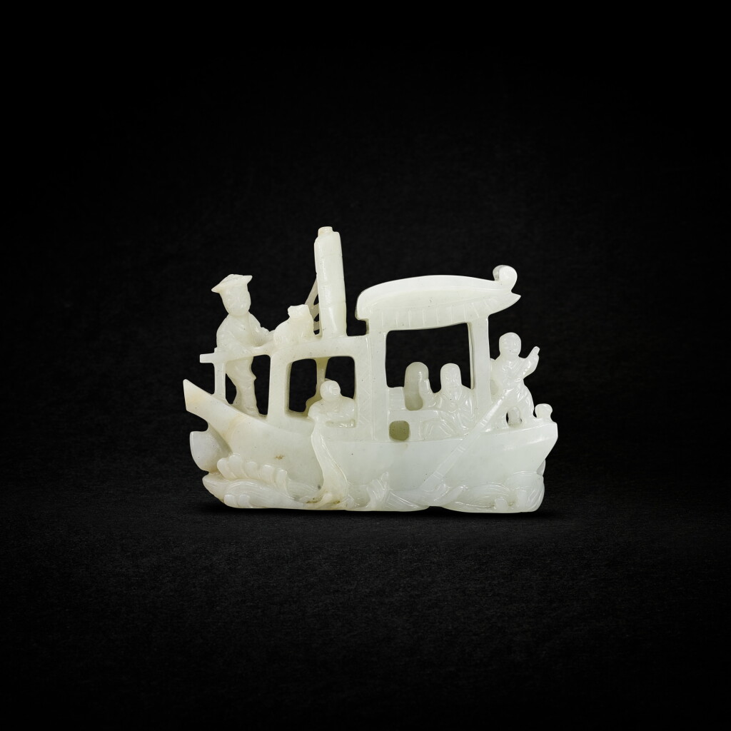 View full screen - View 1 of Lot 682. A pale celadon jade 'boat and figures' group, Qing dynasty, 19th century | 清十九世纪 青白玉游船 .