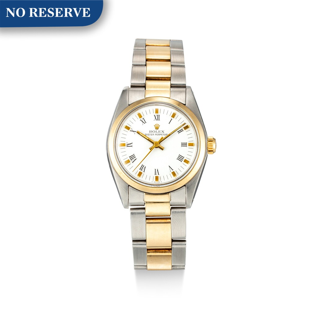 View full screen - View 1 of Lot 115. ROLEX | OYSTER PERPETUAL, REFERENCE 6748, A YELLOW GOLD AND STAINLESS STEEL WRISTWATCH WITH BRACELET, CIRCA 1976.