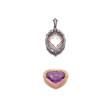 View full screen - View 1 of Lot 885. Amethyst brooch and a diamond brooch/pendant.