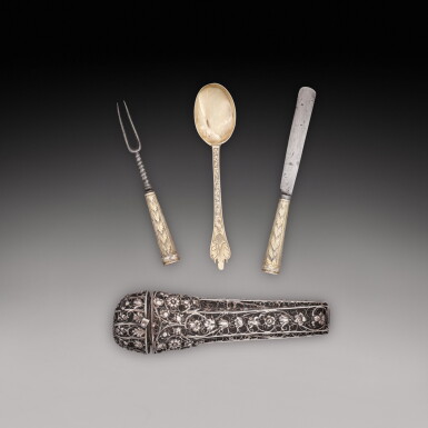 View full screen - View 1 of Lot 345. A William & Mary silver etui with silver-gilt knife, fork and spoon, unmarked, circa 1690.