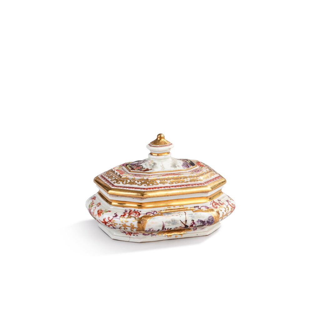 View full screen - View 1 of Lot 527. A Meissen (K.P.M.) porcelain octagonal sugar box and cover, circa 1725.