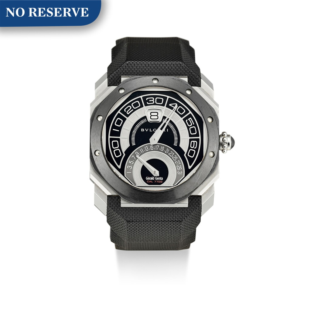 View full screen - View 1 of Lot 361. BULGARI | GERALD GENTA OCTO BI-RETRO, REFERENCE BG043BSCVABR A BLACK CERAMIC AND STAINLESS STEEL JUMPING HOUR WRISTWATCH WITH RETROGRADE MINUTES AND DATE, CIRCA 2013.