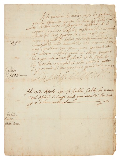 View full screen - View 1 of Lot 79. Galileo | Document annotated and signed by Galileo, dated Padua, 1595.