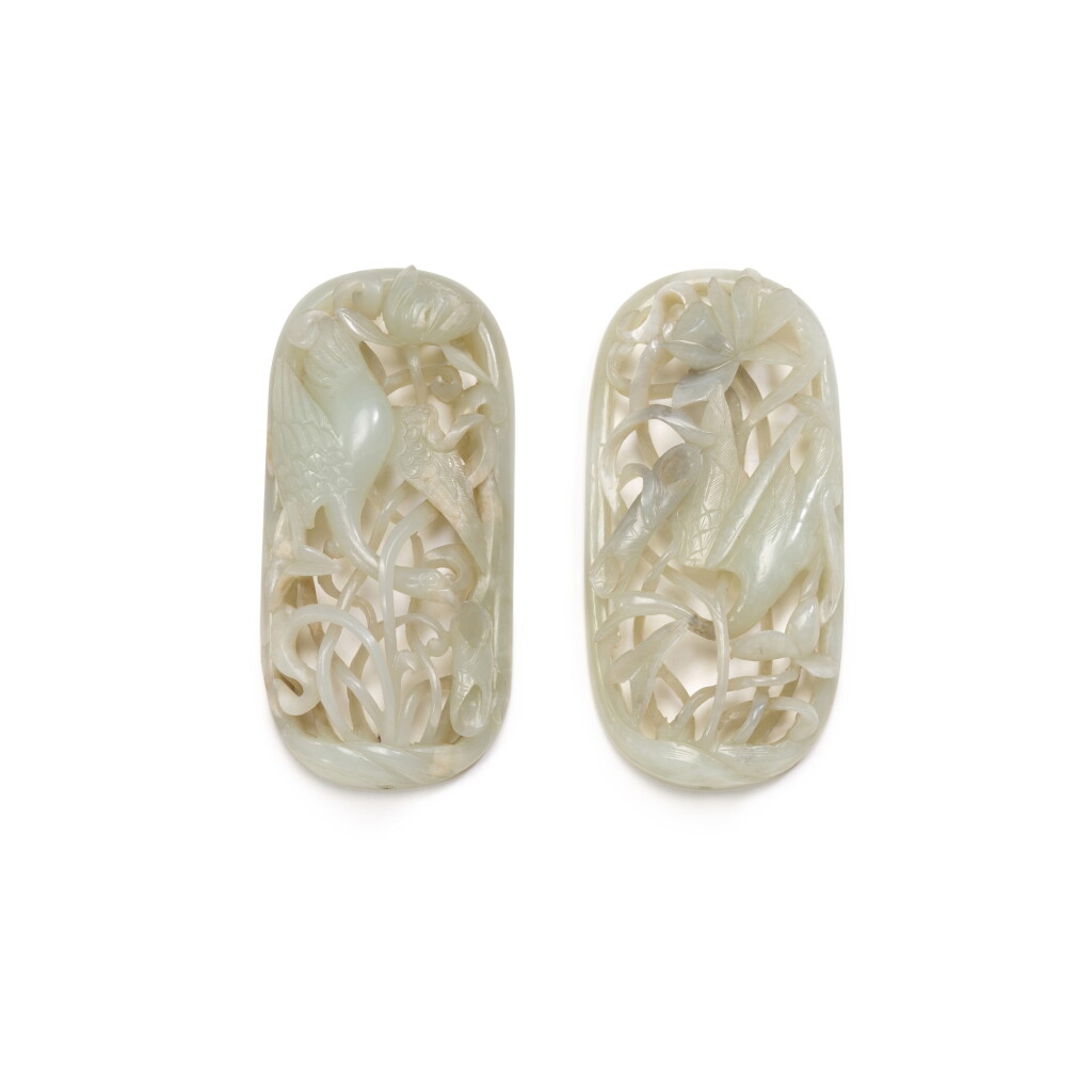 View full screen - View 1 of Lot 213. A PAIR OF CELADON JADE 'EGRET AND LOTUS' PLAQUES, YUAN/MING DYNASTY | 元/明 青玉鏤雕一路連科紋牌飾一對.