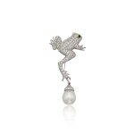 Diamond, Emerald and Cultured Pearl Brooch