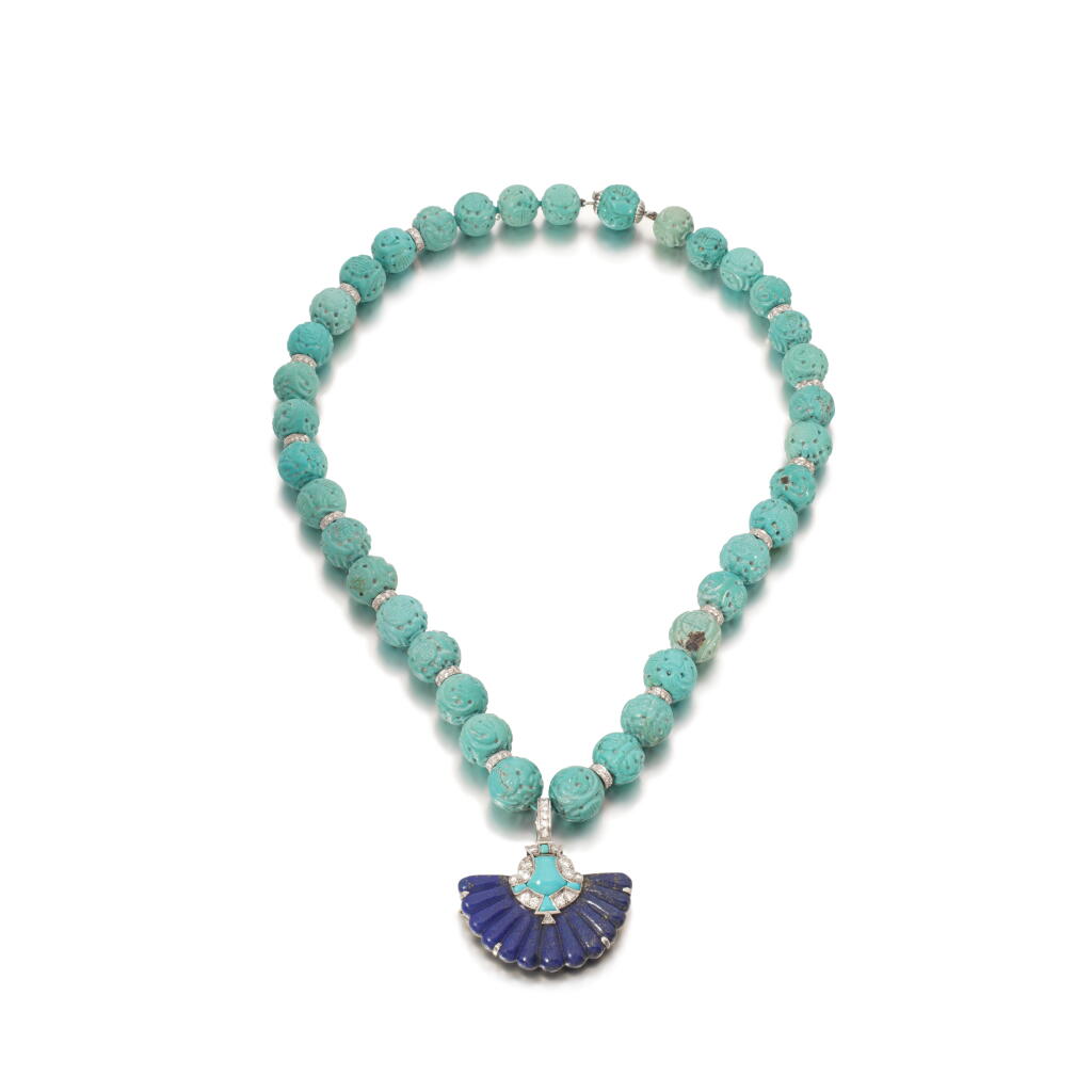 View full screen - View 1 of Lot 1053. Lapis lazuli, turquoise and diamond brooch, Cartier, 1920s and a turquoise and diamond necklace.