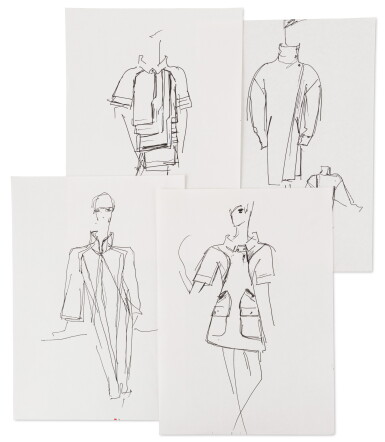 View full screen - View 1 of Lot 36. Four original sketches for fashion | Quatre croquis de mode originaux.