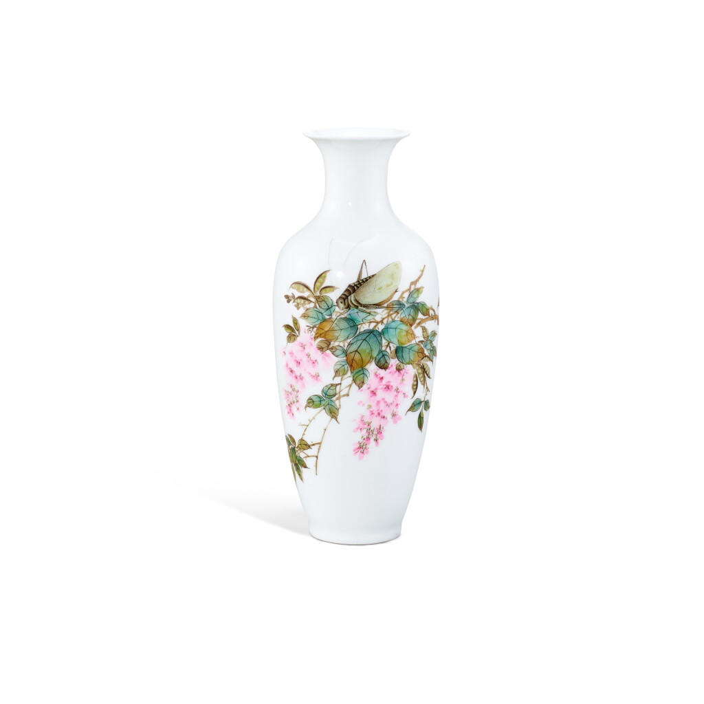 View full screen - View 1 of Lot 944. A famille-rose 'cicada and floral' vase, by Liu Yucen (1904-1969), Republic period, dated 1943 | 民國1943年 劉雨岑繪紫藤秋蟬圖瓶.