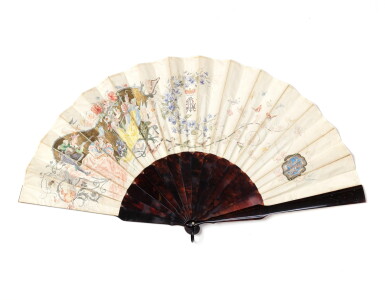 View full screen - View 1 of Lot 161. A very rare Belgian tortoiseshell brisé fan, the leaf painted by Félicien Rops, circa 1880 | Très rare éventail brisé de mariage en écaille, la feuille peinte par Félicien Rops, Belgique, vers 1880.