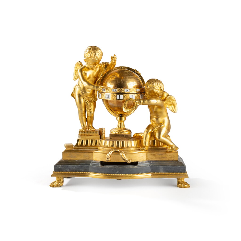 View full screen - View 1 of Lot 173. A Louis XVI gilt-bronze Cupids mantel clock à cercles tournants, circa 1780, signed by Antoine Cronier | Pendule à cercles tournants aux Cupidons en bronze doré d'époque Louis XVI, vers 1780, signée par Antoine Cronier.