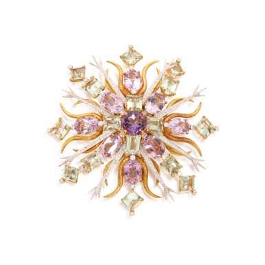 View full screen - View 1 of Lot 291. Amethyst, Green Quartz and Diamond Clip-Brooch.