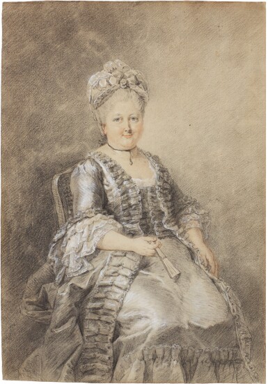 View full screen - View 1 of Lot 61. Seated lady in elegant attire, holding a fan.