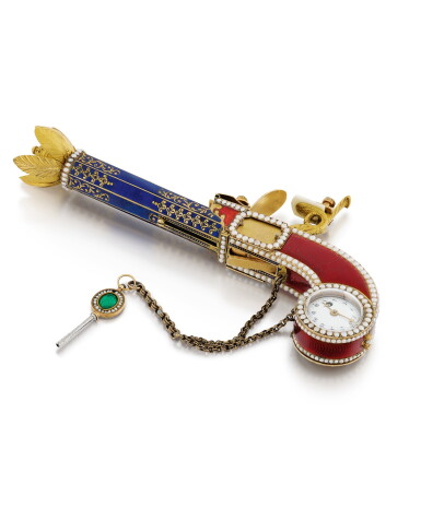 View full screen - View 1 of Lot 210. A PEARL, GOLD AND ENAMEL SCENT SPRINKLER AUTOMATON PISTOL, ATTRIBUTED TO MOULINIÉ, BAUTTE & CO., GENEVA, CIRCA 1805.