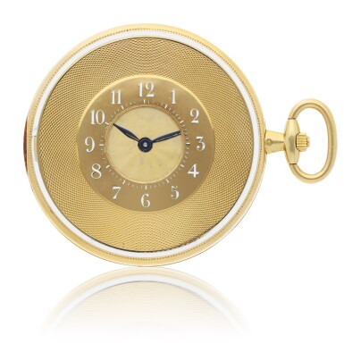 View full screen - View 1 of Lot 34. CARTIER | A YELLOW GOLD AND ENAMEL DEMI-HUNTING CASED WATCH, CIRCA 1920.
