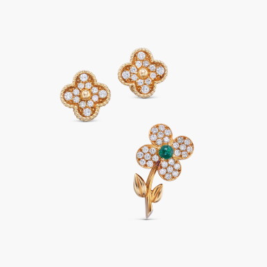 View full screen - View 1 of Lot 1216. Pair of Diamond 'Vintage Alhambra' Earclips and Emerald and Diamond 'Trèfle' Brooch | 梵克雅寶 | 鑽石 'Vintage Alhambra' 耳夾一對 及 祖母綠 配 鑽石 'Trèfle' 胸針.