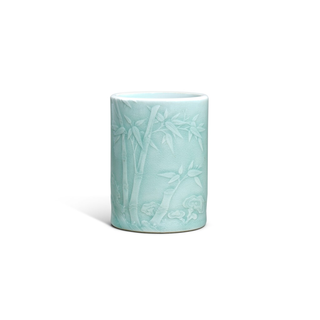View full screen - View 1 of Lot 3445. A celadon-glazed 'bamboo' brushpot, Tang Ying mark 唐英款青釉竹枝詩文筆筒.