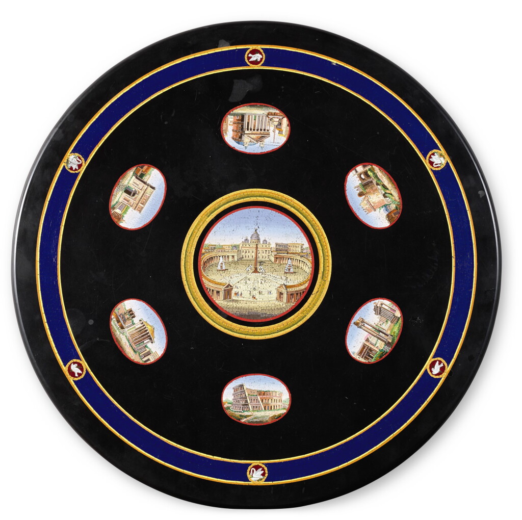 View full screen - View 1 of Lot 72. AN ITALIAN MICROMOSAIC AND BLACK MARBLE TABLE TOP, ROME, CIRCA 1850.