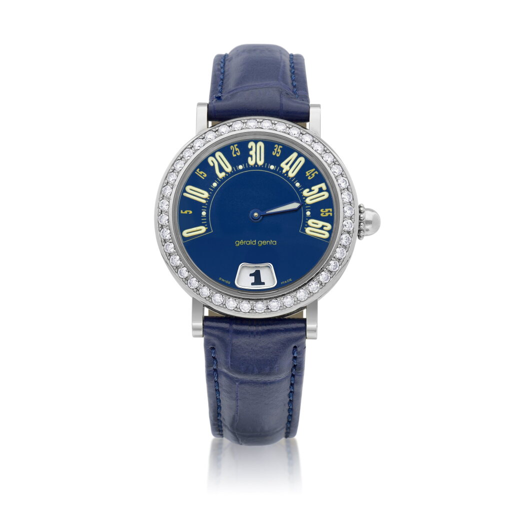 View full screen - View 1 of Lot 8788. Retro, Reference G.3634 | A stainless steel and diamond-set jumping hours wristwatch with retrograde minutes, Circa 2000 Retro | 型號G.3634 | 精鋼鑲鑽石跳時腕錶,備逆跳分鐘,約2000年製.