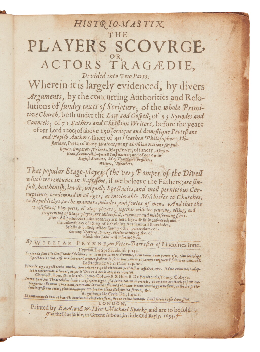 View full screen - View 1 of Lot 48. Prynne, William | "Shackpeers Plaies are printed in the best Crowne paper, far better than most Bibles.".