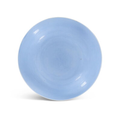 View full screen - View 1 of Lot 3650. A fine clair-de-lune-glazed saucer dish, Mark and period of Yongzheng | 清雍正 天藍釉撇口小盤 《大清雍正年製》款.