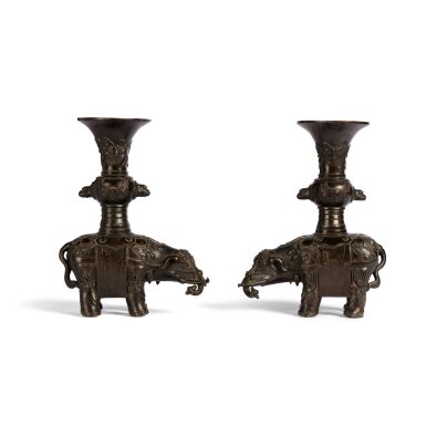 View full screen - View 1 of Lot 113. A pair of bronze caparisoned elephant-form vases, Late Ming dynasty.