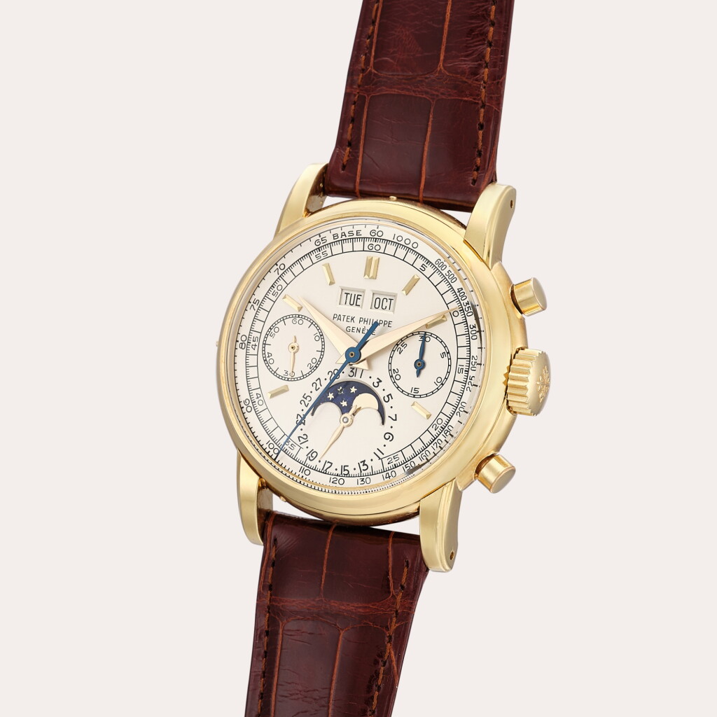 View full screen - View 1 of Lot 148. 'Second Series Flat Dial', Reference 2499 | A highly important and incredibly well preserved, one of only two known yellow gold perpetual calendar chronograph wristwatch with moon phases and flat dial, accompanied by original Gobbi fitted box and yellow gold bracelet | Made in 1954 .