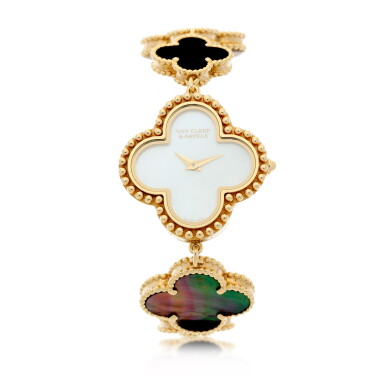 View full screen - View 1 of Lot 110. Reference 136674 Alhambra A yellow gold, mother-of-pearl and onyx bracelet watch, circa 2018.