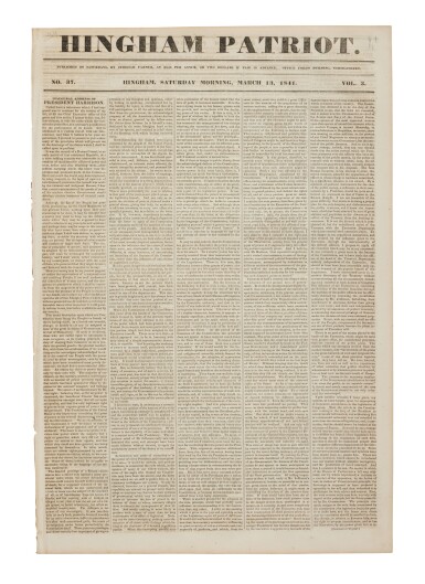 View full screen - View 1 of Lot 1131. (Harrison, William Henry) | Front- (and back-) page printing of the longest presidential inaugural address.