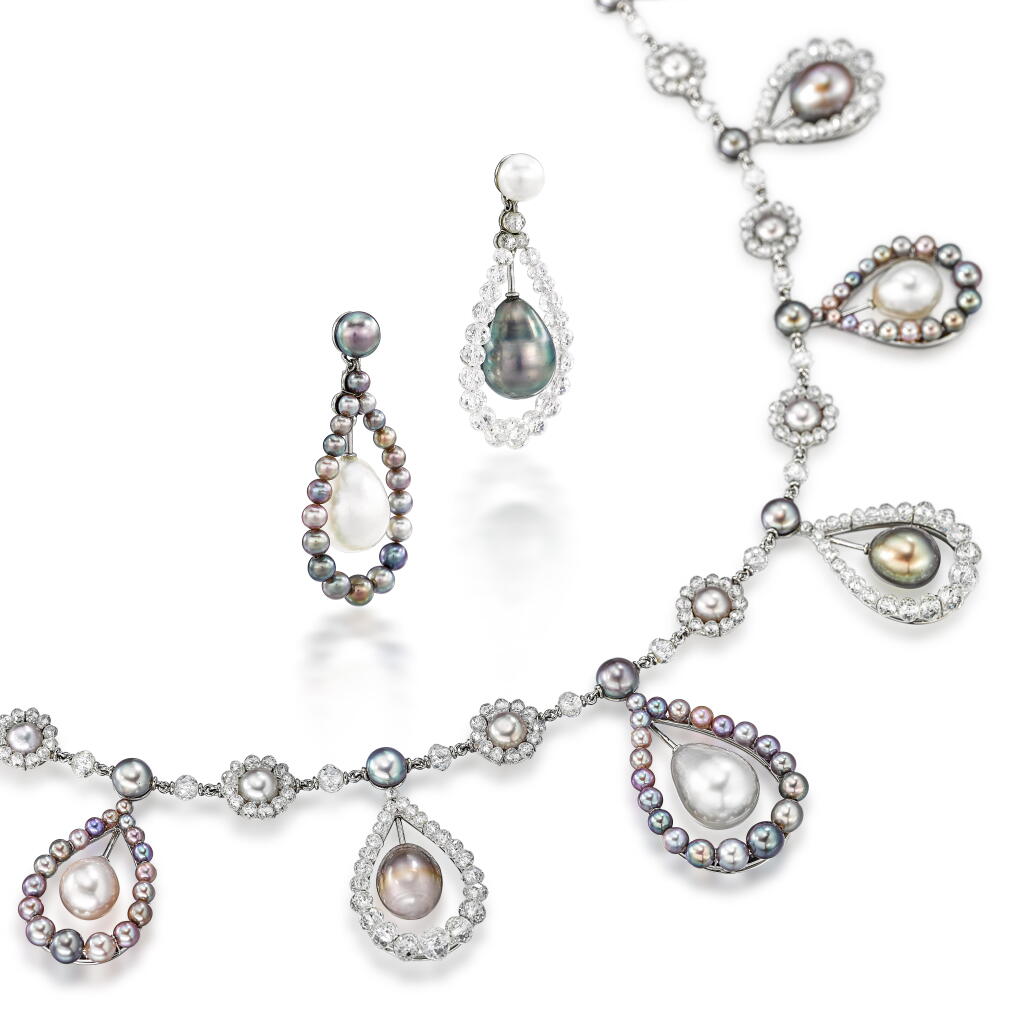 View full screen - View 1 of Lot 299. Natural Pearl and Diamond Demi-Parure | 天然珍珠 配 鑽石 項鏈 及 耳墜套裝.