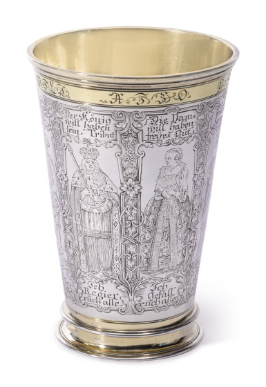 View full screen - View 1 of Lot 7. A Rare German Parcel-Gilt Silver Beaker with Signed Engraving, Friedrich II Schwestermuller, the Engraving by Theodosius I Gobel, Augsburg, 1745-47.